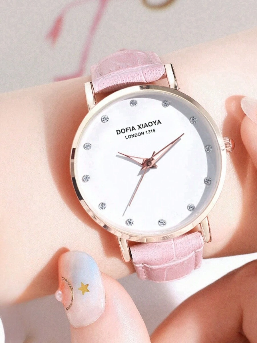 1pc Pink Ladies' Pu Leather Strap Watch - Pink - View 1