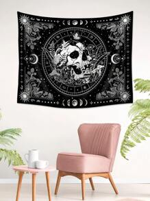1pc Skull Flower Moon Phase Print Tapestry, Modern Polyester Fiber Square Wall Tapestry For Living Room Bedroom Decoration, Flag For Room, Room Decor, Tapestry, Wall Decor, Wall Art ,Room Stuffs, Flags For Room, Home Decor - Black and White - View 6