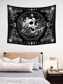 1pc Skull Flower Moon Phase Print Tapestry, Modern Polyester Fiber Square Wall Tapestry For Living Room Bedroom Decoration, Flag For Room, Room Decor, Tapestry, Wall Decor, Wall Art ,Room Stuffs, Flags For Room, Home Decor - Black and White - View 4