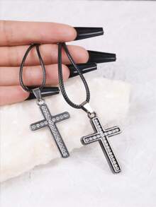 2入組情侶吊墜項鍊套裝,適合女/男性朋友、姊妹或母親女兒通用,黑色皮繩項鍊套裝 - 黑與白 - 查看 2