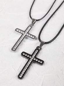 2入組情侶吊墜項鍊套裝,適合女/男性朋友、姊妹或母親女兒通用,黑色皮繩項鍊套裝 - 黑與白 - 查看 4