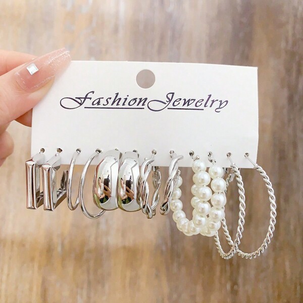 12 Pairs New Earring Set Inlaid Imitation Pearl Earring Circle Set