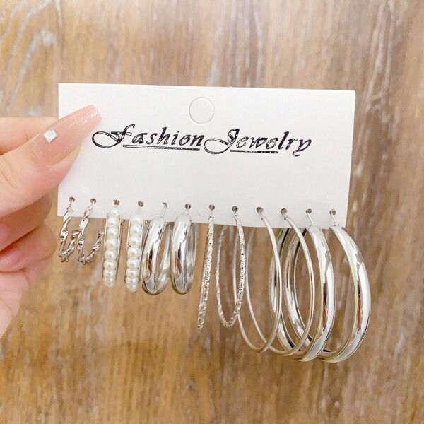 12 Pairs New Earring Set Inlaid Imitation Pearl Earring Circle Set