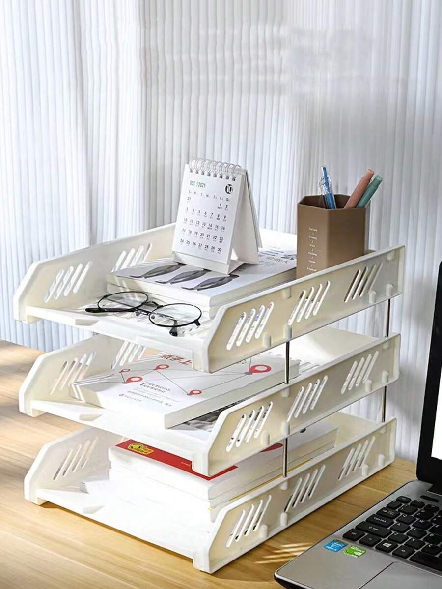Desktop Storage Organizer With Random Combination, Including 3-tier File Rack, 3-tier Thick Plastic File Tray, And 3-tier Sorting Shelf With File Slot