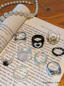 9pcs/set Fashionable Transparent Resin Rings In Multiple Colors For Women's Party, Punk Style Ring Set As Gift For Girls