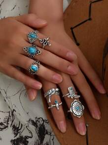 10入組西部牛仔復古風琥珀和仙人掌設計時尚戒指套裝,適合女性日常穿戴