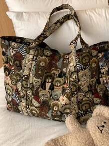 可爱粉色奶牛纹灯芯绒布包，饰有樱桃图案，冬季保暖，可手提或肩背 - 咖啡棕 - 查看 2