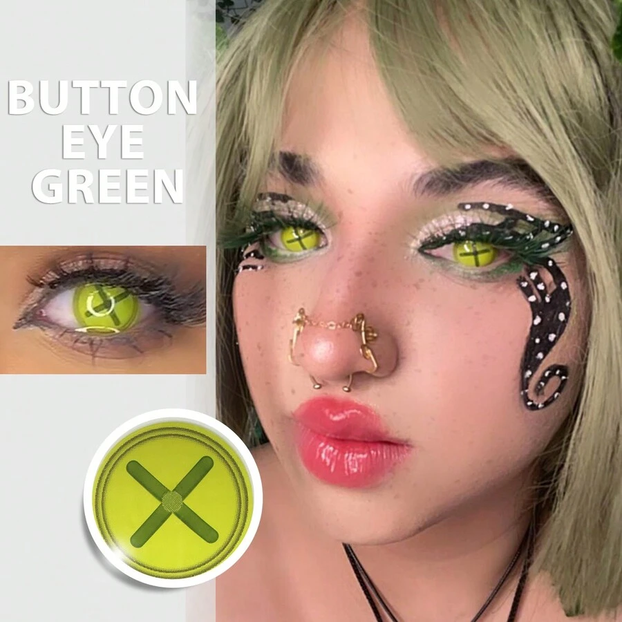 Fresh Lady 按鈕眼綠色動漫瘋狂cosplay隱形眼鏡1年拋棄式 - 綠色 - 查看 1