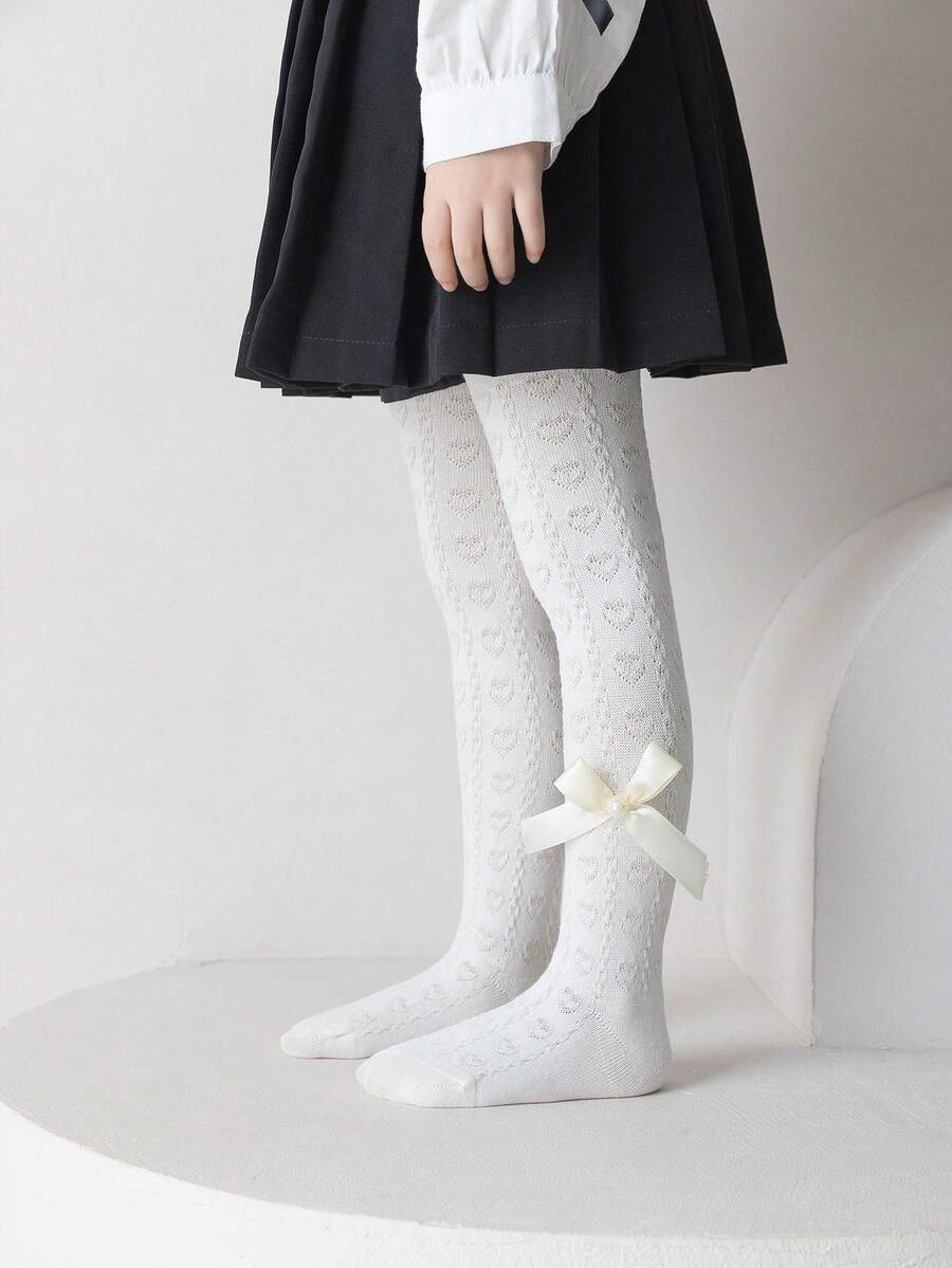 1雙女童白色底層連褲襪,帶蝴蝶結裝飾,公主風格適用於秋冬季(2-3)(3-8)(8-12)(12-16)歲 - 白色 - 查看 1