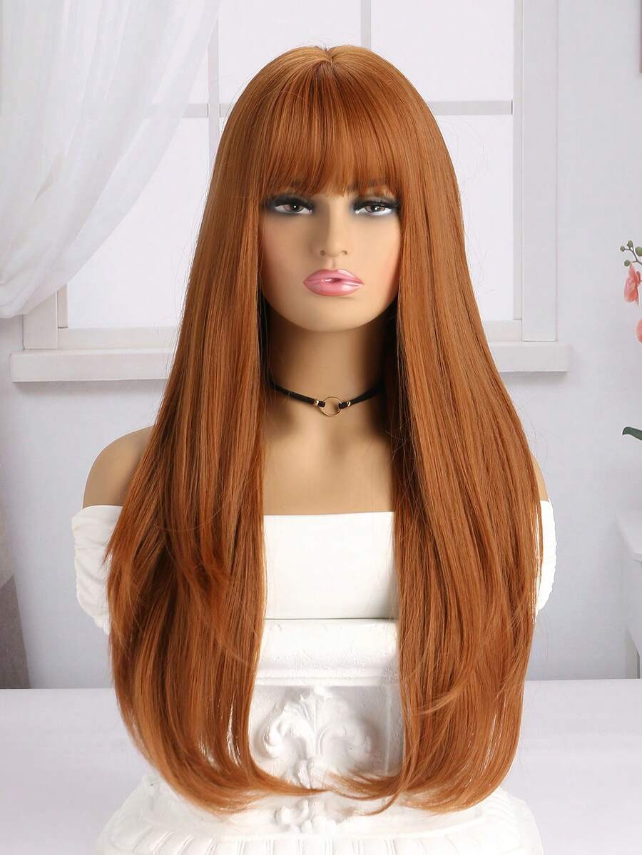 時尚女性長捲合成纖維頭套假髮,配有空氣瀏海,棕色,26英寸,適合日常穿著