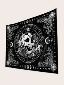 1pc Skull Flower Moon Phase Print Tapestry, Modern Polyester Fiber Square Wall Tapestry For Living Room Bedroom Decoration, Flag For Room, Room Decor, Tapestry, Wall Decor, Wall Art ,Room Stuffs, Flags For Room, Home Decor - Black and White - View 2