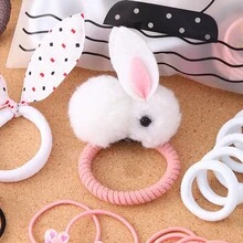 36入組女孩髮飾套裝,包括粉色-白色可愛兔子耳朵髮夾,頭繩,卡通髮夾,公主頭帶,迷你髪爪,鬆緊帶,完美作為節日禮物