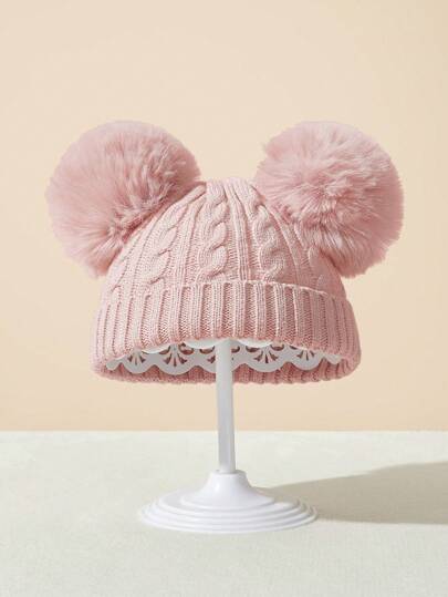 1pc Baby And Kids' Thermal Lined Knitted Hat With Pom-Pom And Folded Brim, Autumn And Winter Outdoor Warm Hat