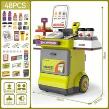 47件互動式兒童收銀機玩具套裝,包含假幣、計算機、掃描器、信用卡、輸送帶和模擬食物,適用於3歲+男女孩童玩假扮