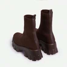 Women Woven Ankle Boots Knit Sock Boot Chunky Block Stacked Mid Heel Comfortable Booties Shoes Winter - Brown - View 3