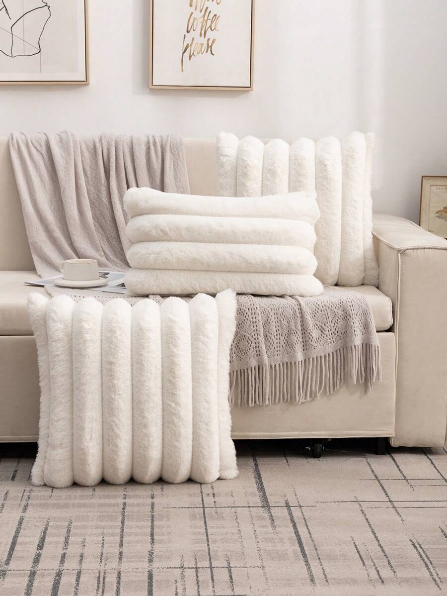 1pc Plush Wide Stripe Pillowcase - White - View 1