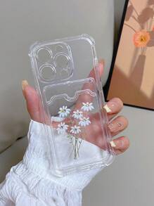 1pc Transparent TPU Shockproof Phone Case With Four Corners, Daisy Print And Handmade Diamond Embellishment, Compatible With Apple, Samsung, Redmi, Pixel Phones