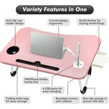 Laptop Bed Desk, Portable Foldable Bed Tray Table with 4 USB Ports/Cup Holder/Storage Drawer, Laptop Stand for Bed/Couch/Sofa Working, Reading - Pink - View 3