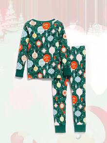 耶誕節幼兒女童長袖上衣和褲裝套裝,卡通聖誕樹印花,秋冬時尚風格 - 綠色 - 查看 2