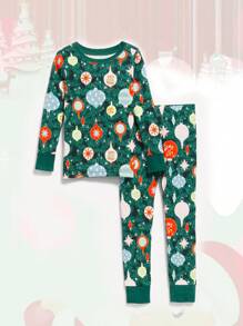 耶誕節幼兒女童長袖上衣和褲裝套裝,卡通聖誕樹印花,秋冬時尚風格 - 綠色 - 查看 1