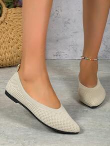 白色針織尖頭平底鞋 - 白色 - 查看 3