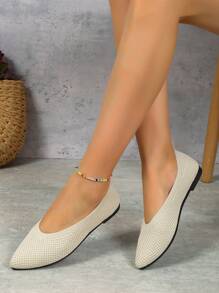 白色針織尖頭平底鞋 - 白色 - 查看 1