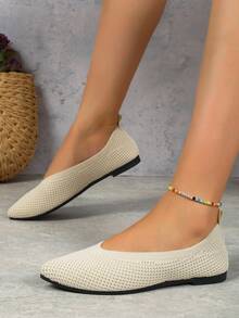 白色針織尖頭平底鞋 - 白色 - 查看 2