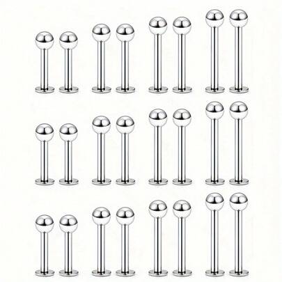 24pcs Stainless Steel Fashion Lip & Ear Studs Set, Unisex (Silver)
