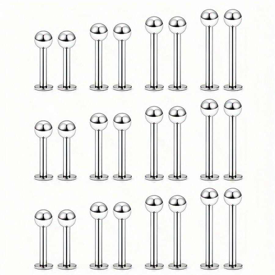24pcs Stainless Steel Fashion Lip & Ear Studs Set, Unisex (Silver) - Silver - View 1