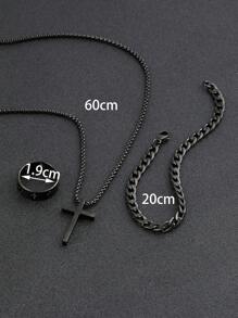 3pcs men's black jewelry three-piece set, cross necklace, bracelet, cross ring, suitable for daily decorative wear - Black - View 3