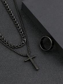 3pcs men's black jewelry three-piece set, cross necklace, bracelet, cross ring, suitable for daily decorative wear - Black - View 2