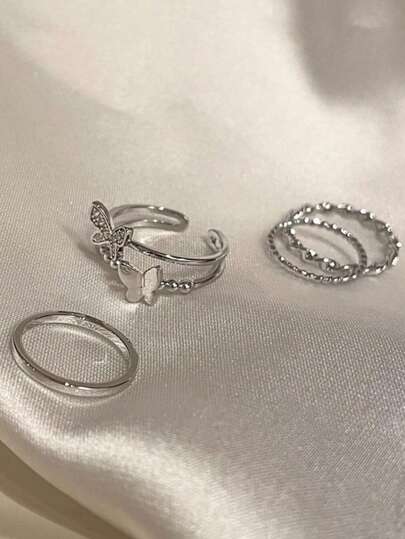 4入組婚禮新娘伴娘戒指套裝,開口可調節銀色和金色,蝴蝶浪花和純色設計 多場合適用,包括婚禮、派對、購物、約會和日常儀式 簡約優雅。