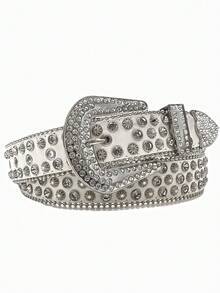 1pc White Rhinestone Square Buckle Belt With Multiple Holes, Pu Shiny Y2k Millennial Style, Perfect For Punk Rivet Rhinestone Accessories And Daily Party Use, Unisex - White - View 9