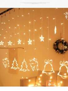 1 Piece Of 3 Meter Christmas Waterfall Lights For Outdoor Or Indoor Decoration With Cute Bells And Reindeer Design, Warm Or White Light To Choose From - Yellow - View 1