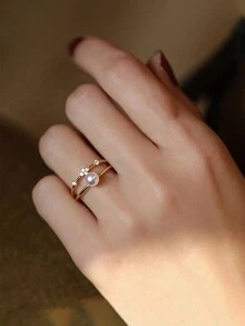 1pc Double Layer Pearl Ring Ladies Jewelry For Women S925 Sterling Silver Elegant Ring Fine Jewelry Gift For Girls Wedding Engagement Bridal Jewelry Wedding Bridal Jewelry - Gold - View 3