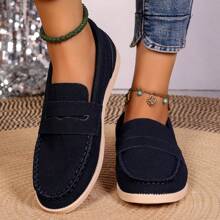 Women's Dark Blue Loafers With Stitching Detail - Navy Blue - View 4
