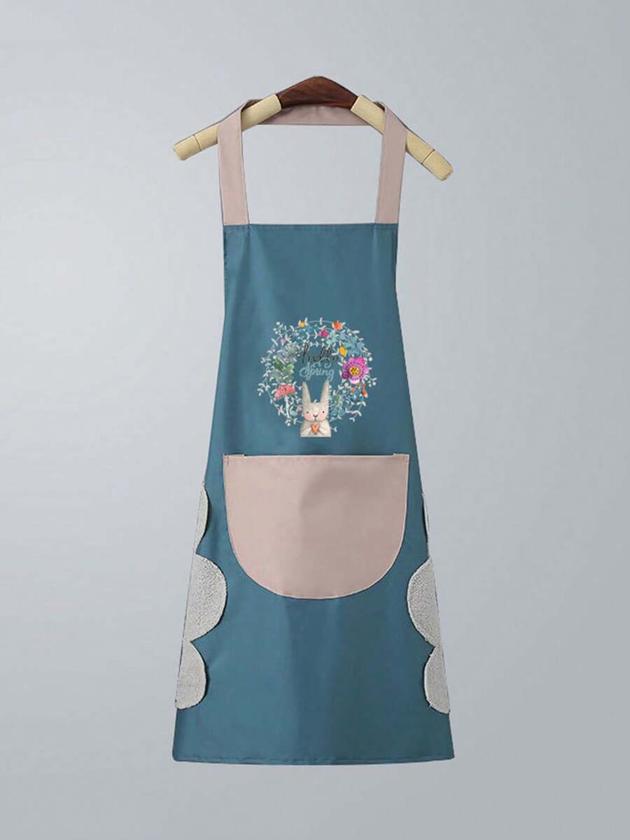 1塊防水防油男女皆可擦手的圍裙,適用於廚房、烹飪、家庭工作,防油韓版腰圍 - 藍色 - 查看 1