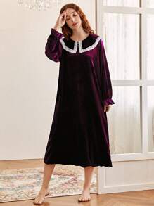 1 Miếng Của phụ nữ Retro Phong cách Pháp Cao eo Nhung Tay áo dài Ren cổ áo Bên trong Đầm Đối với Mùa thu Và Mùa Đông - Màu đỏ tím - Xem 1