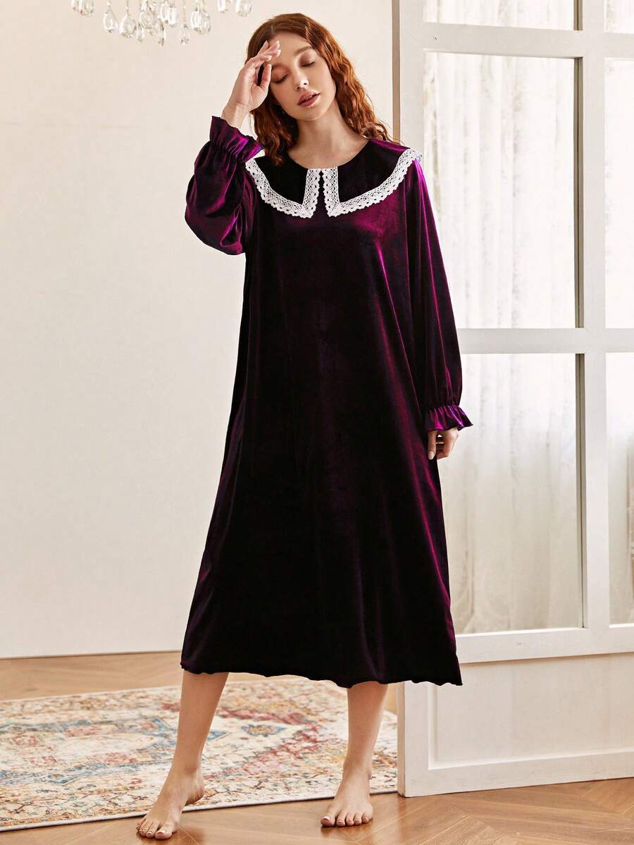 1 Miếng Của phụ nữ Retro Phong cách Pháp Cao eo Nhung Tay áo dài Ren cổ áo Bên trong Đầm Đối với Mùa thu Và Mùa Đông - Màu đỏ tím - Xem 1