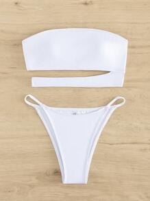 Women's Solid Color Strapless Hollow Out Design Bikini Set With Thong Bottom Summer - White - View 6