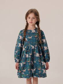 Little Girls' Fashionable Full Printed Round Neck Long Sleeve Bubble Dress For Autumn