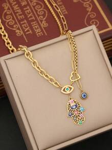 Freegrow 1pc Oil Drop Eye Decor Hamsa Hand Shaped Pendant Necklace, Suitable For Women's Daily Wear
