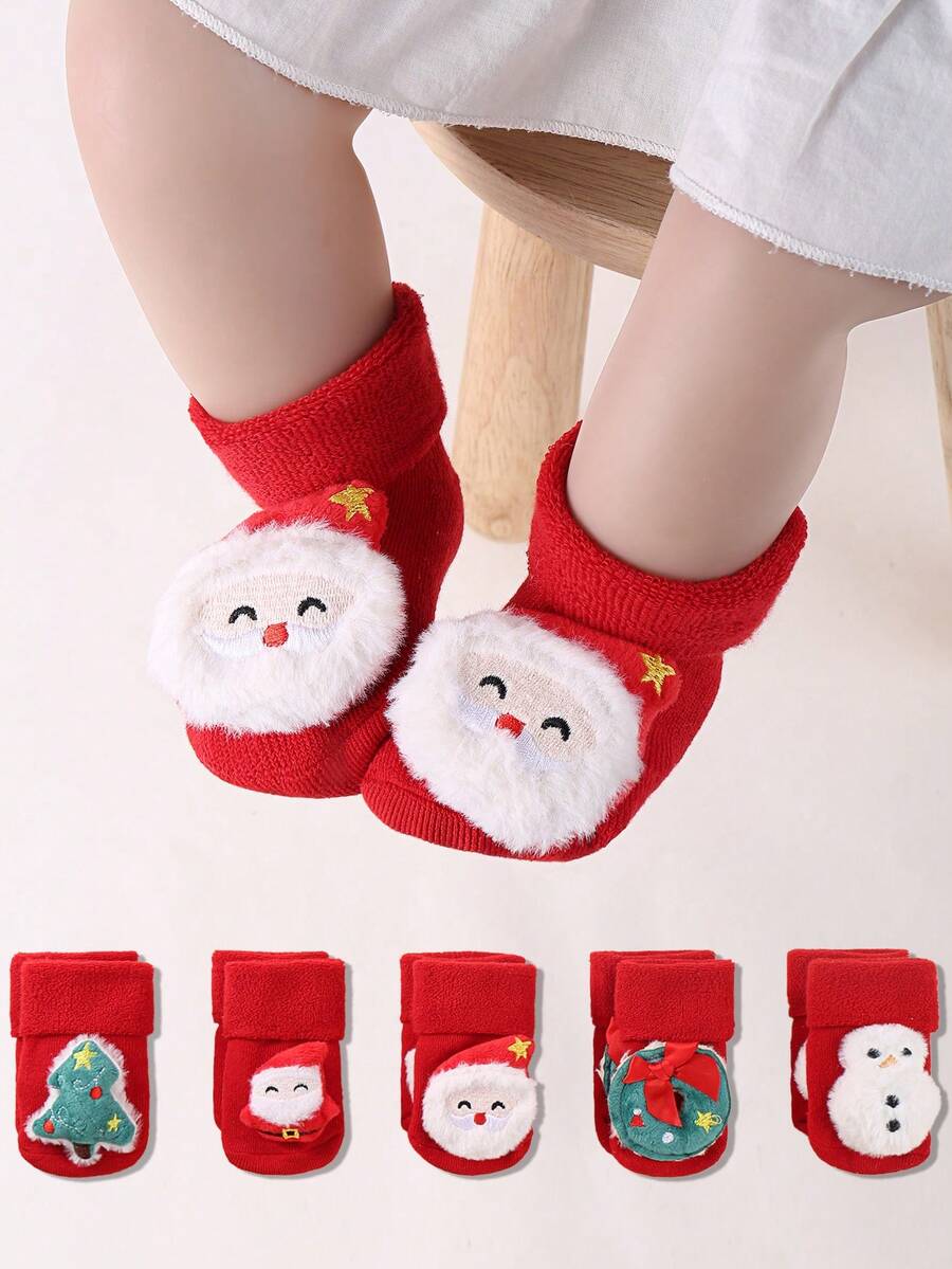 5雙有趣的嬰兒假日襪子,適用於秋冬季節,適合男女孩子的聖誕禮物 - 紅色 - 查看 1
