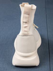 女性的簡約休閒風格時尚戶外一步踩著袜子鞋,米色,針織編織平底襪靴 - 米色 - 查看 6