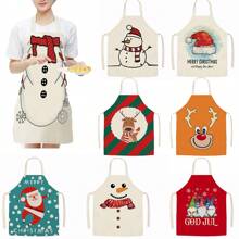 1入組亞麻純色聖誕圖案印花圍裙,抗油污創意廚房烹飪圍裙 - 米色 - 查看 1