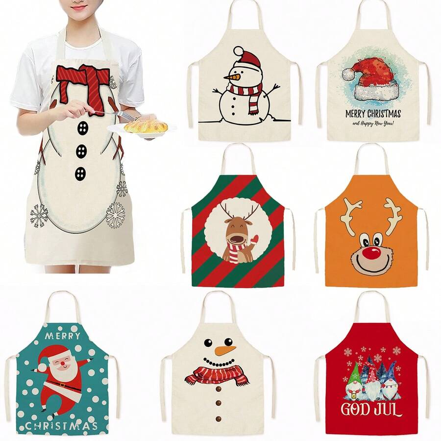 1入組亞麻純色聖誕圖案印花圍裙,抗油污創意廚房烹飪圍裙 - 米色 - 查看 1