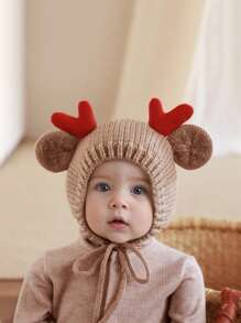 1 Stück unisex beige gestrickte Baby Mütze, Weihnachts Rentier Hut mit Geweih, Weihnachtsgeschenk, Weihnachtsgrüße
