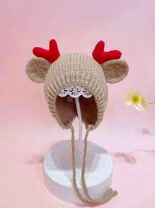 1 Stück unisex beige gestrickte Baby Mütze, Weihnachts Rentier Hut mit Geweih, Weihnachtsgeschenk, Weihnachtsgrüße