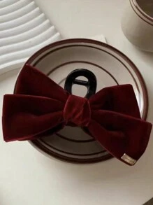 1pc Women's Red Flocked Bow Hair Clip, Suitable For Daily Wear Cute Valentine's Day Valentines Hair Claws Claw Clips Hair Clips Hair Jaw Clip Hair Clamps Hair Clutch Hair Catcher Clip, Casual Fall Winter Hair Accessories For Women For Vacation Outfits Woman Valentines Gift Summer Outfits,Festival,Party - Red - View 5