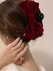 1pc Women's Red Flocked Bow Hair Clip, Suitable For Daily Wear Cute Valentine's Day Valentines Hair Claws Claw Clips Hair Clips Hair Jaw Clip Hair Clamps Hair Clutch Hair Catcher Clip, Casual Fall Winter Hair Accessories For Women For Vacation Outfits Woman Valentines Gift Summer Outfits,Festival,Party - Red - View 3
